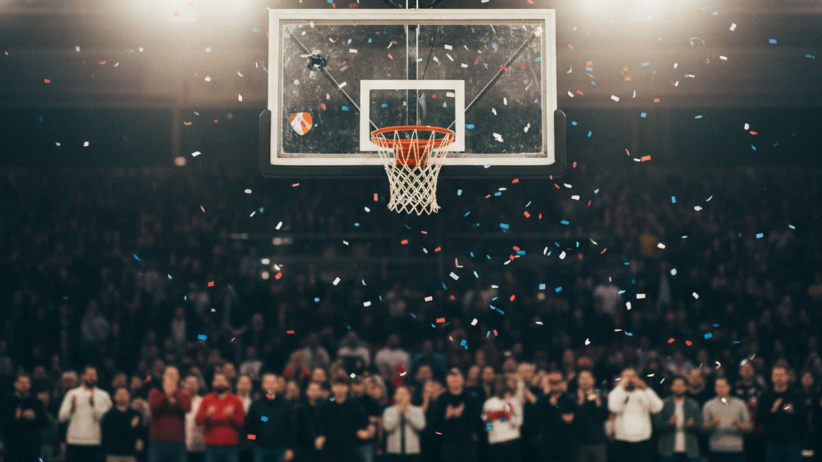 Imatge genèrica d'una pilota de bàsquet a punt d'entrar a la canasta sota els focus d'un pavelló.