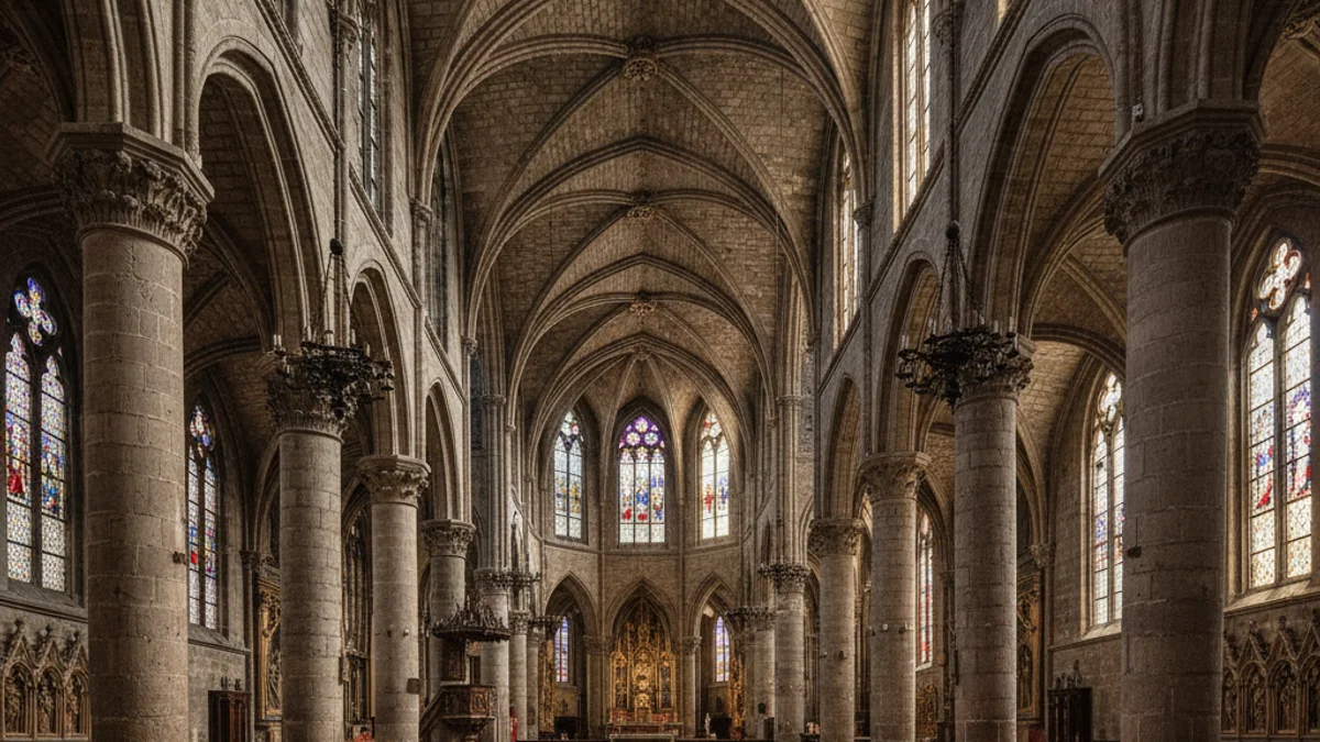 Imagen genérica del interior de una iglesia gótica con arcos de piedra.