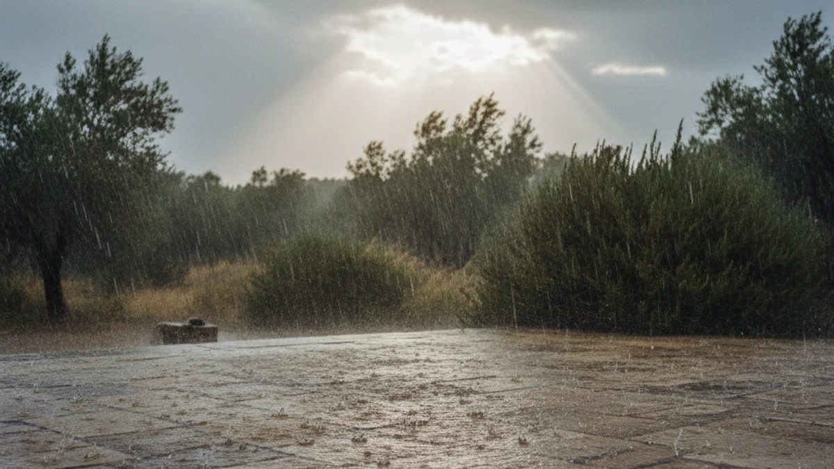 Generic image of a landscape under heavy rain with low clouds.