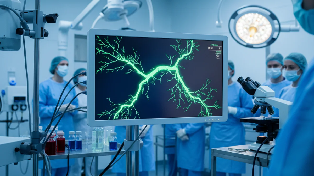 Imatge genèrica d'un monitor mèdic mostrant tecnologia de fluorescència en un entorn hospitalari.