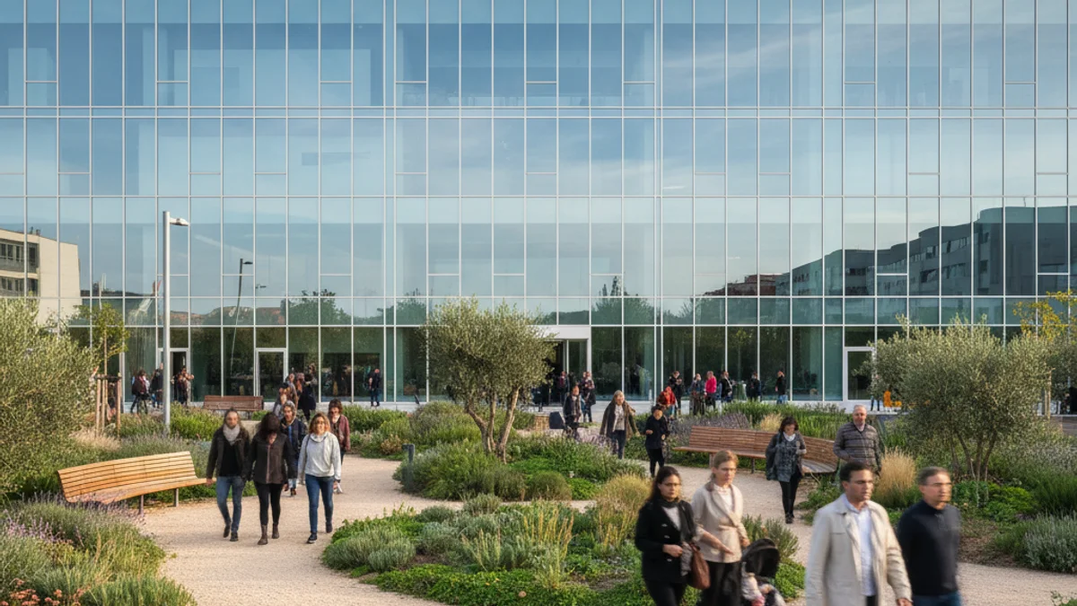 Imatge genèrica de les noves instal·lacions d'un centre hospitalari modern amb un heliport i un jardí terapèutic.