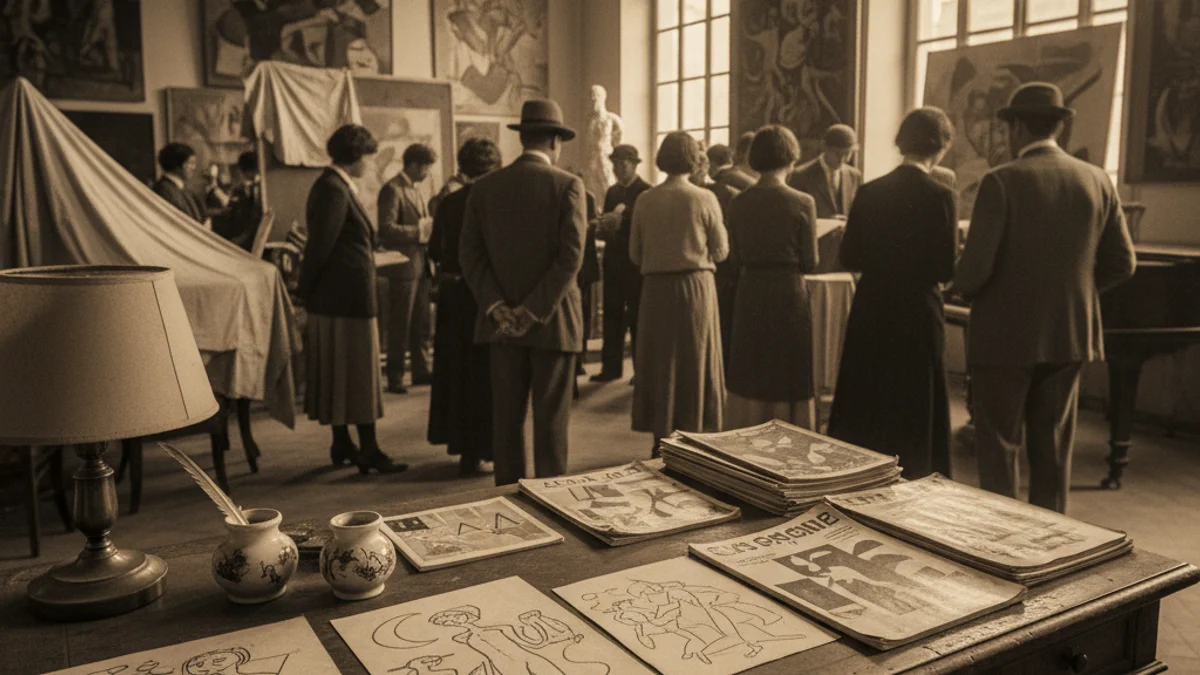 Imagen genérica de un escritorio con dibujos y utensilios de arte de principios del siglo XX.