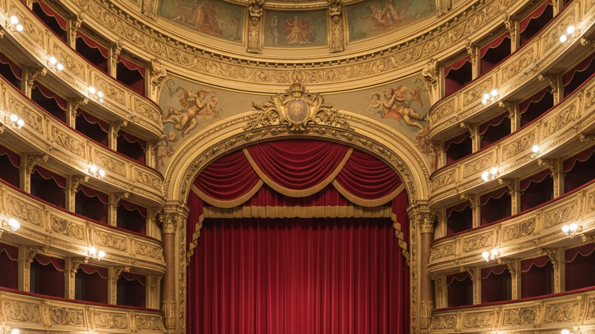 Imagen genérica del interior de un teatro con cortinas de terciopelo rojo y palcos dorados.