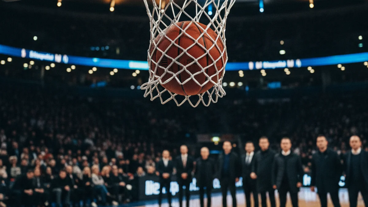 Imatge genèrica d'una pilota de bàsquet entrant a la canasta durant un partit oficial.