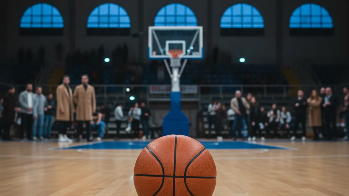 Imatge genèrica d'una pilota de bàsquet en una pista poliesportiva sota els focs del pavelló.