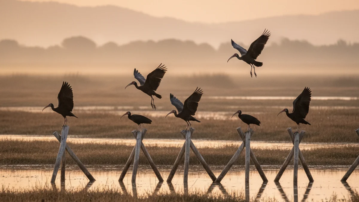 Imatge genèrica d'uns ibis ermitans en un entorn natural d'aiguamolls.