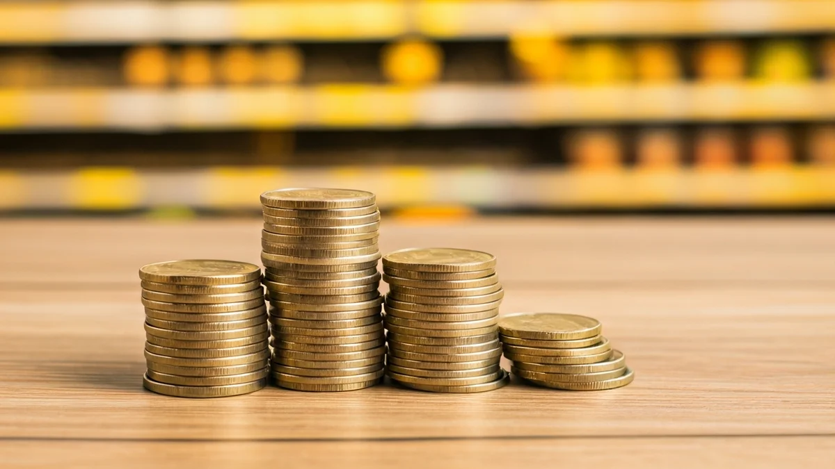 Imatge genèrica de monedes i bitllets d'euro sobre una taula, amb un supermercat de fons.