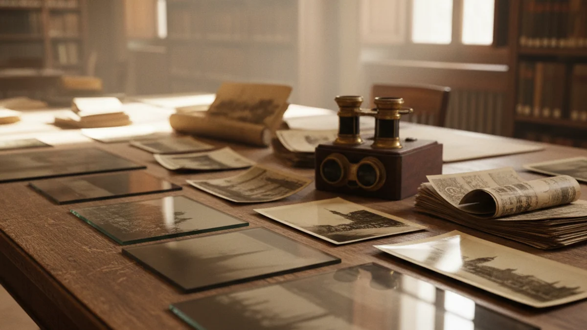 Generic image of glass plates and old photographs on a wooden table in an archive.