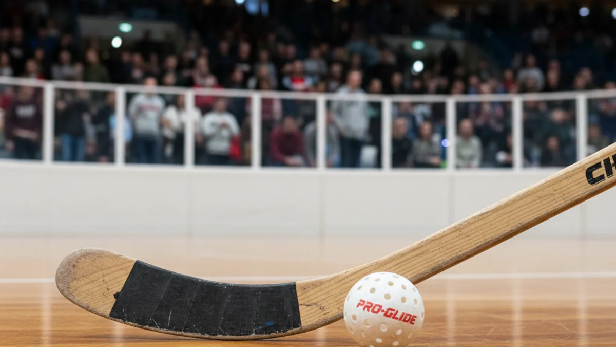 Imatge genèrica d'una pilota i un estic d'hoquei patins sobre la pista d'un pavelló.