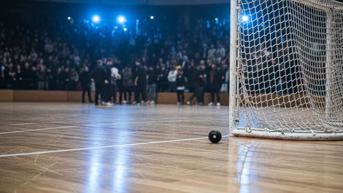 Generic image of a roller hockey goal in a professional arena.