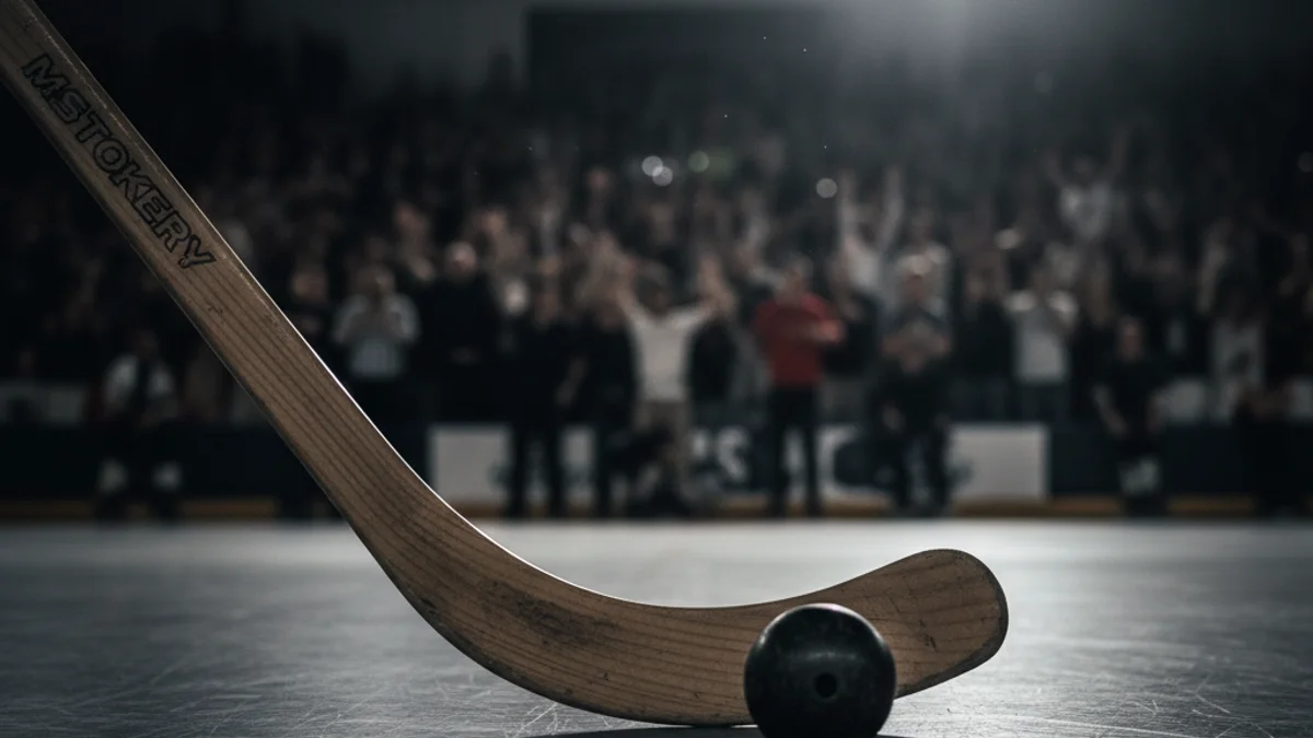 Imatge genèrica d'un partit d'hoquei patins amb l'estic i la bola en primer pla.