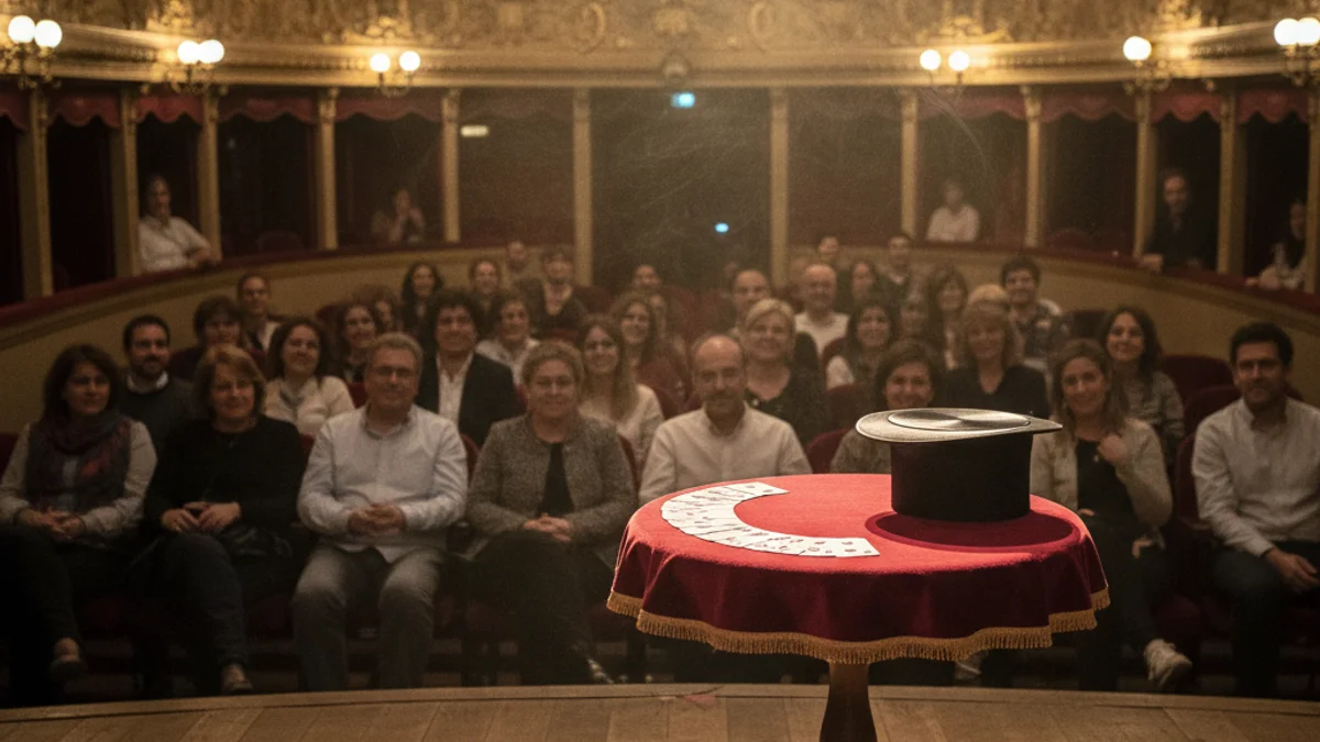 Generic image of a theater stage with warm lighting and magic props.