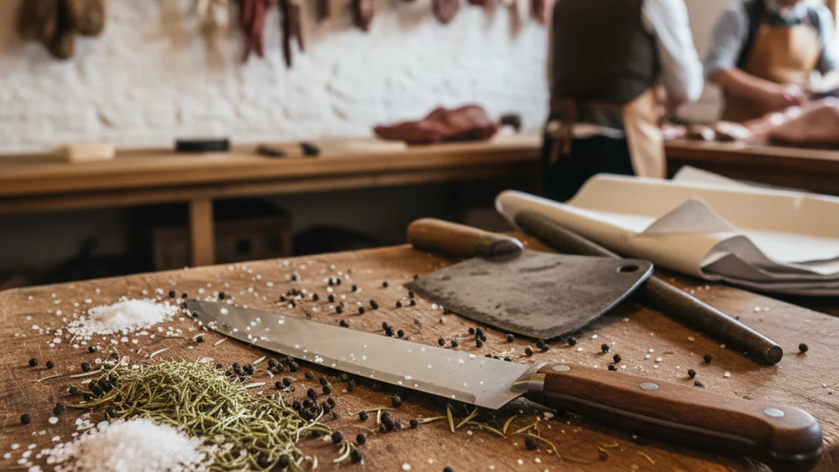 Imagen genérica de un mostrador de carnicería artesanal con utensilios tradicionales.