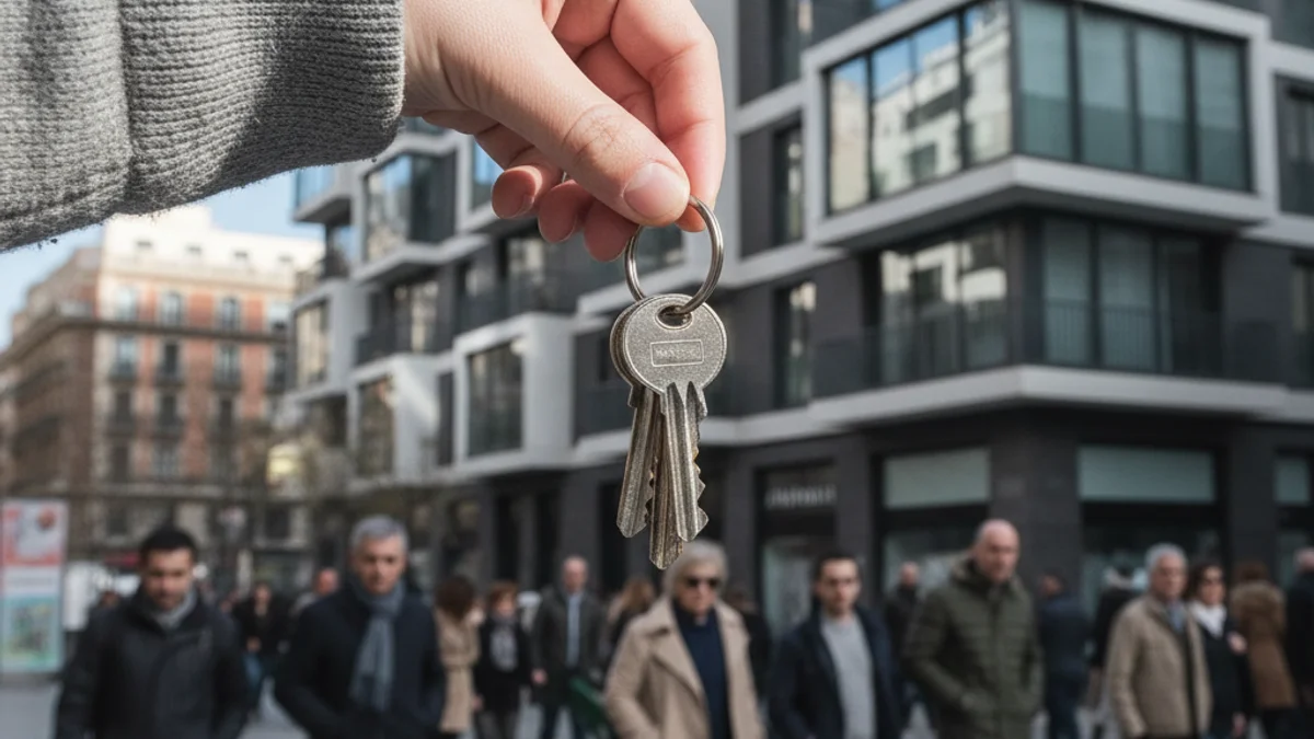 Generic image of keys in front of a modern residential building.