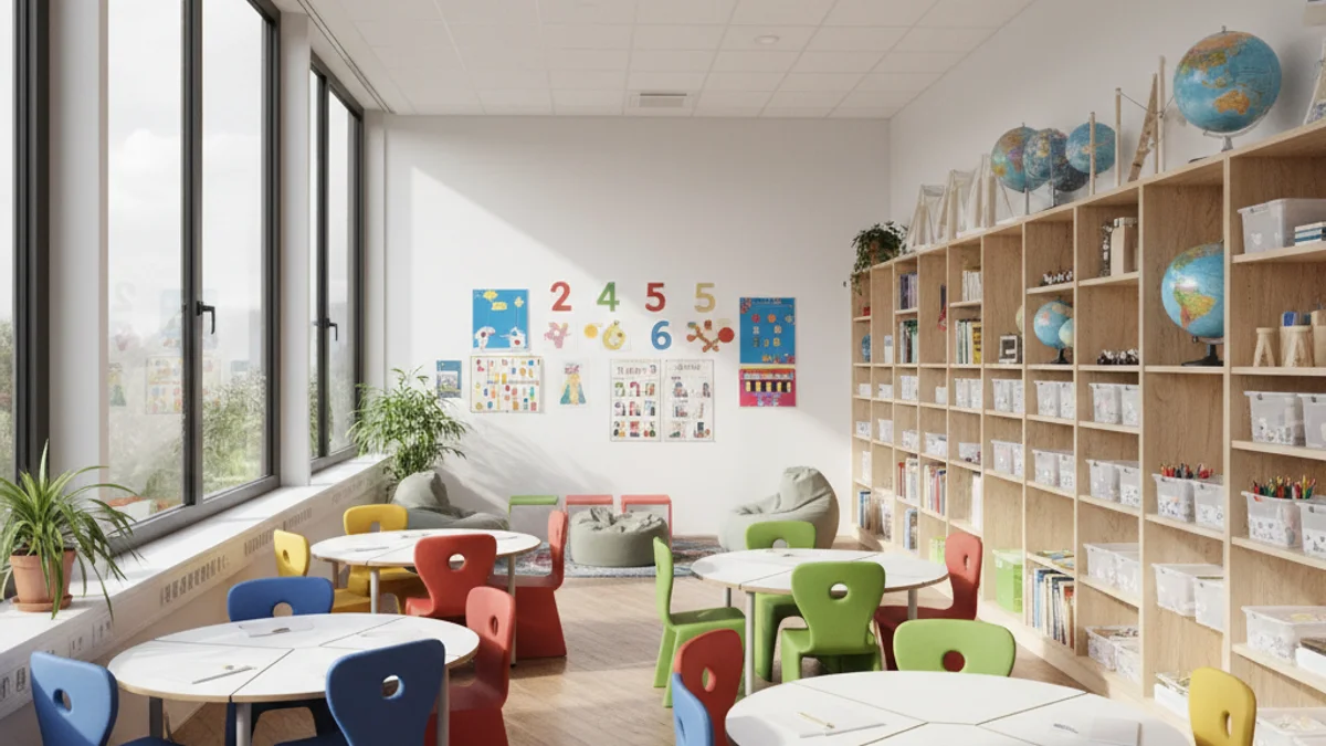 Imagen genérica de un aula moderna y luminosa diseñada para el apoyo educativo.