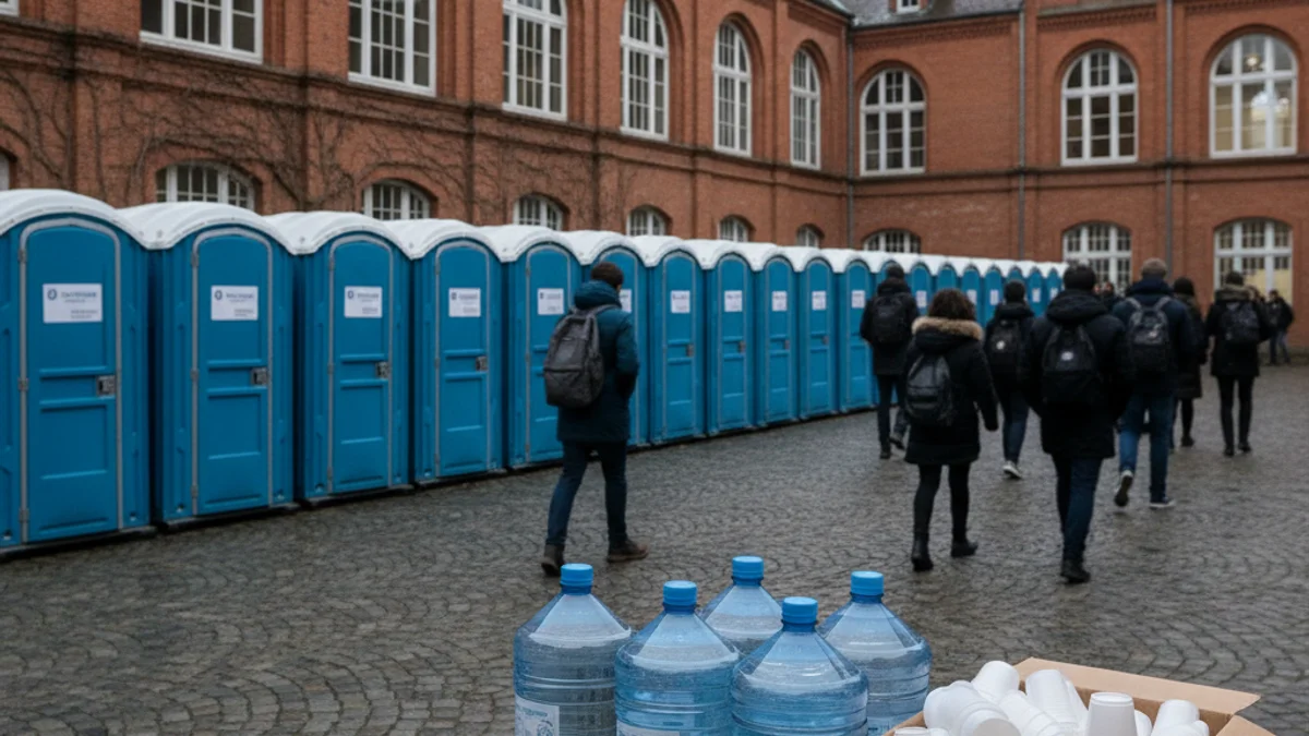 Imagen genérica de baños químicos instalados en el exterior de un centro educativo por una avería.