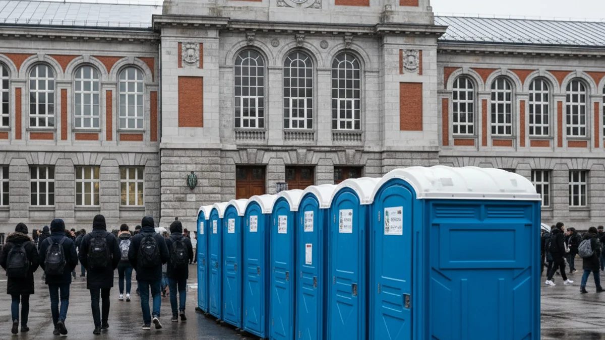 Imatge genèrica de sanitaris portàtils instal·lats a la via pública davant d'un centre educatiu.