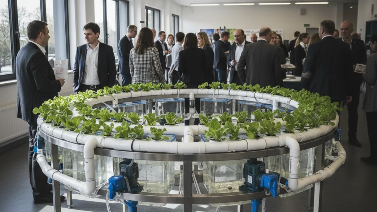 Imatge genèrica d'un sistema d'aquapònia amb enciams creixent sobre tancs d'aigua.