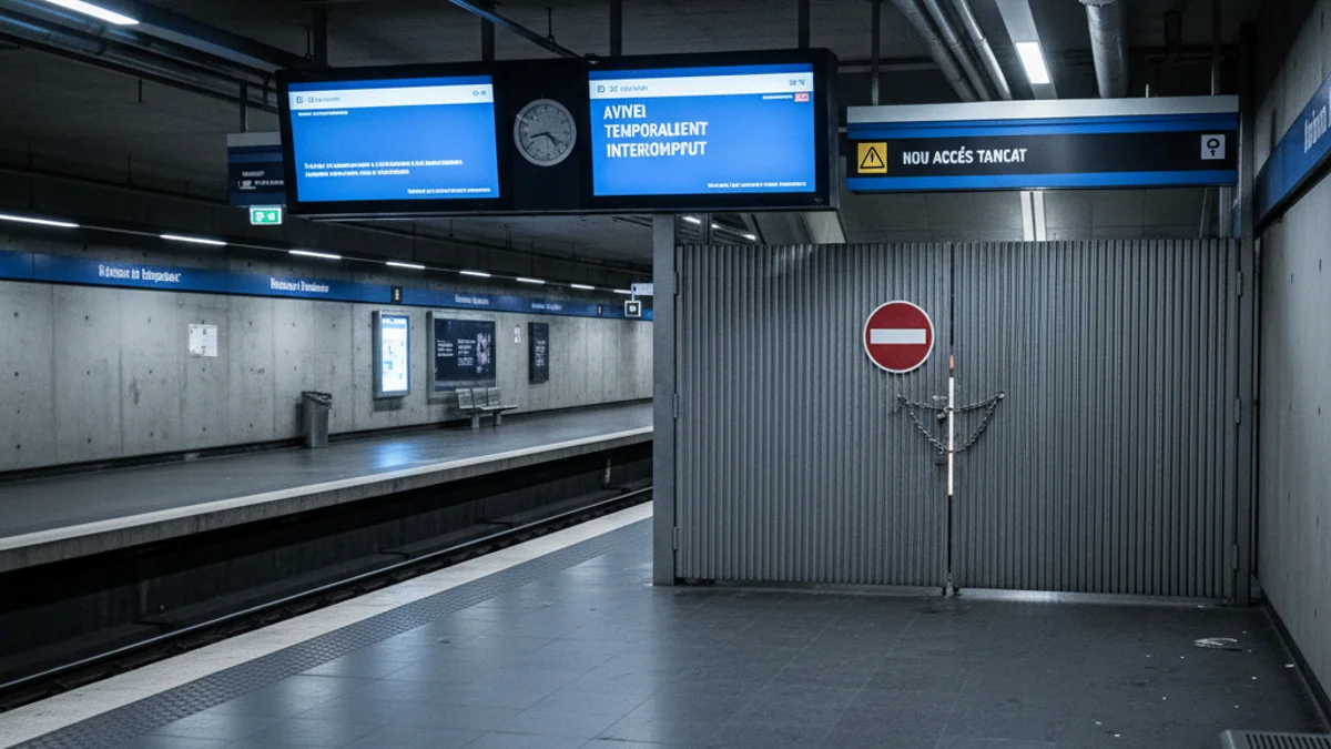 Imatge genèrica d'una estació de metro amb senyalització d'obres i servei interromput.