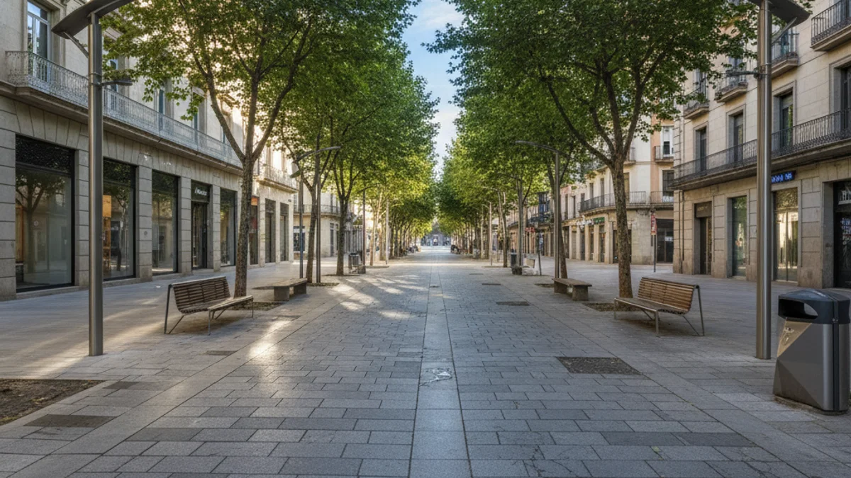 Imagen genérica de una calle urbana con árboles y mobiliario limpio.