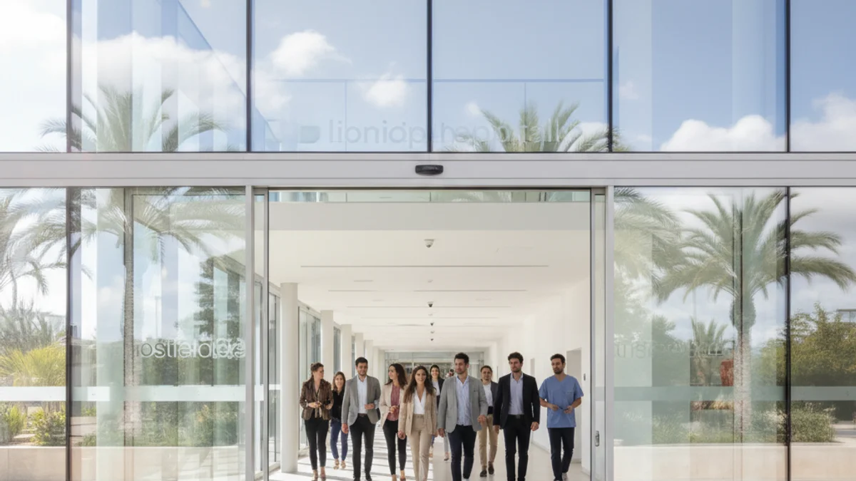 Generic image of a group of young professionals visiting the facilities of a modern hospital center.
