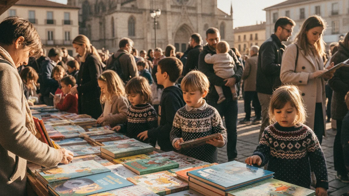 Imagen genérica de una feria de libros infantiles al aire libre con puestos y público familiar.