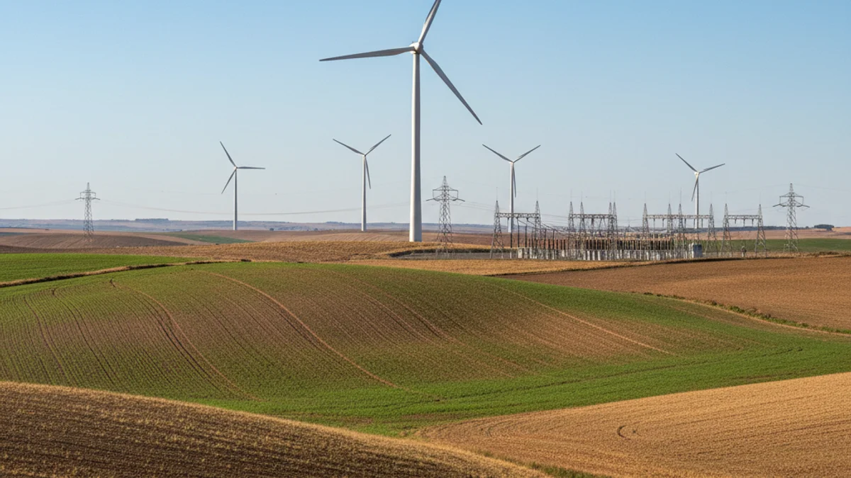 Imatge genèrica d'un camp de conreu amb aerogeneradors al fons representant la transició energètica.
