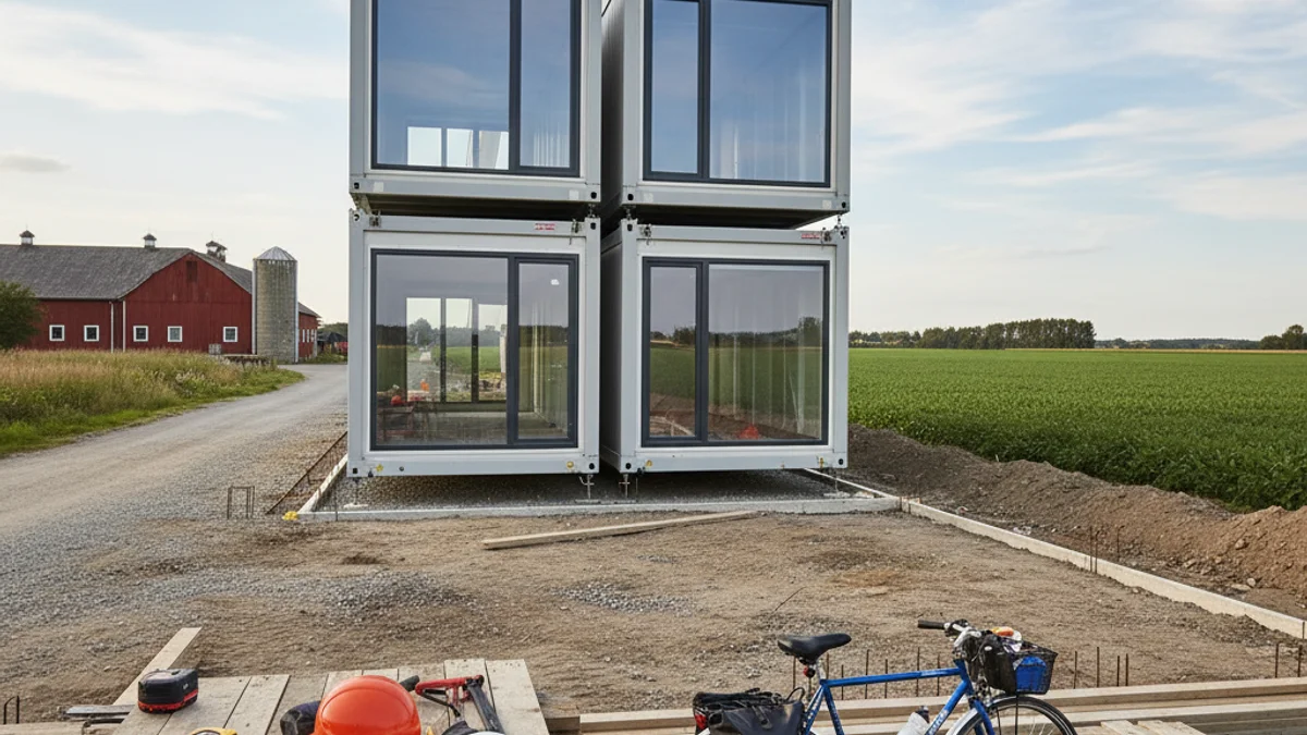 Generic image of new modular housing units for seasonal workers in a peri-urban area.