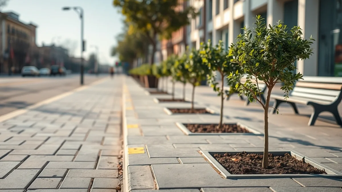 Imatge genèrica d'una vorera urbana recentment reformada amb arbres joves plantats.