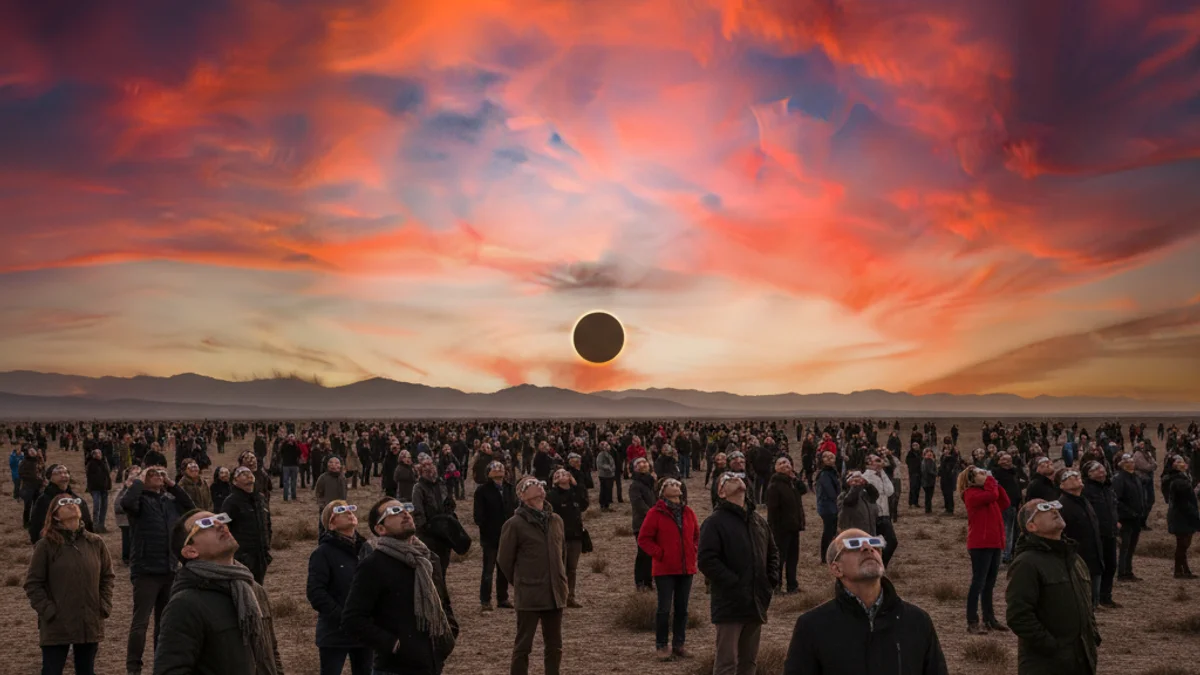 Generic image of a group of people watching a solar eclipse with protective glasses during sunset.