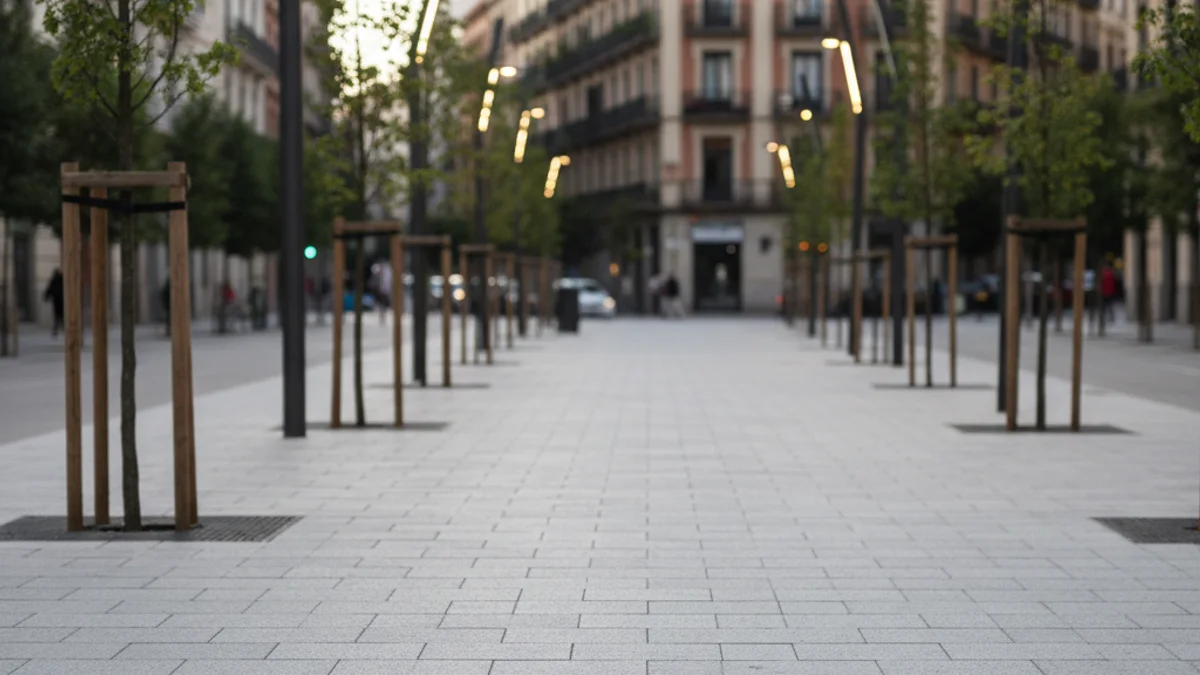 Imagen genérica de una acera urbana recién renovada con árboles jóvenes e iluminación moderna.