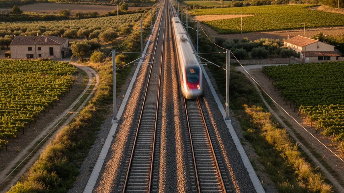 Generic image of train tracks crossing a rural landscape.