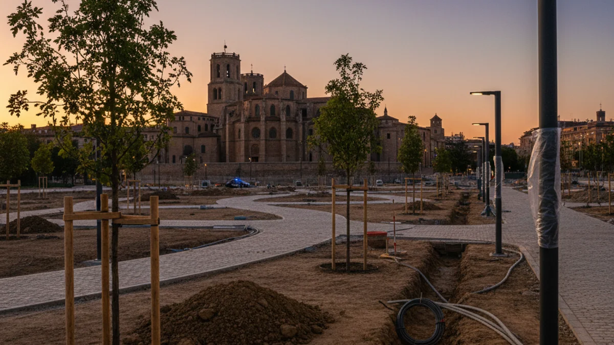 Imatge genèrica d'un nou espai verd urbà en construcció amb vistes a un monument històric.