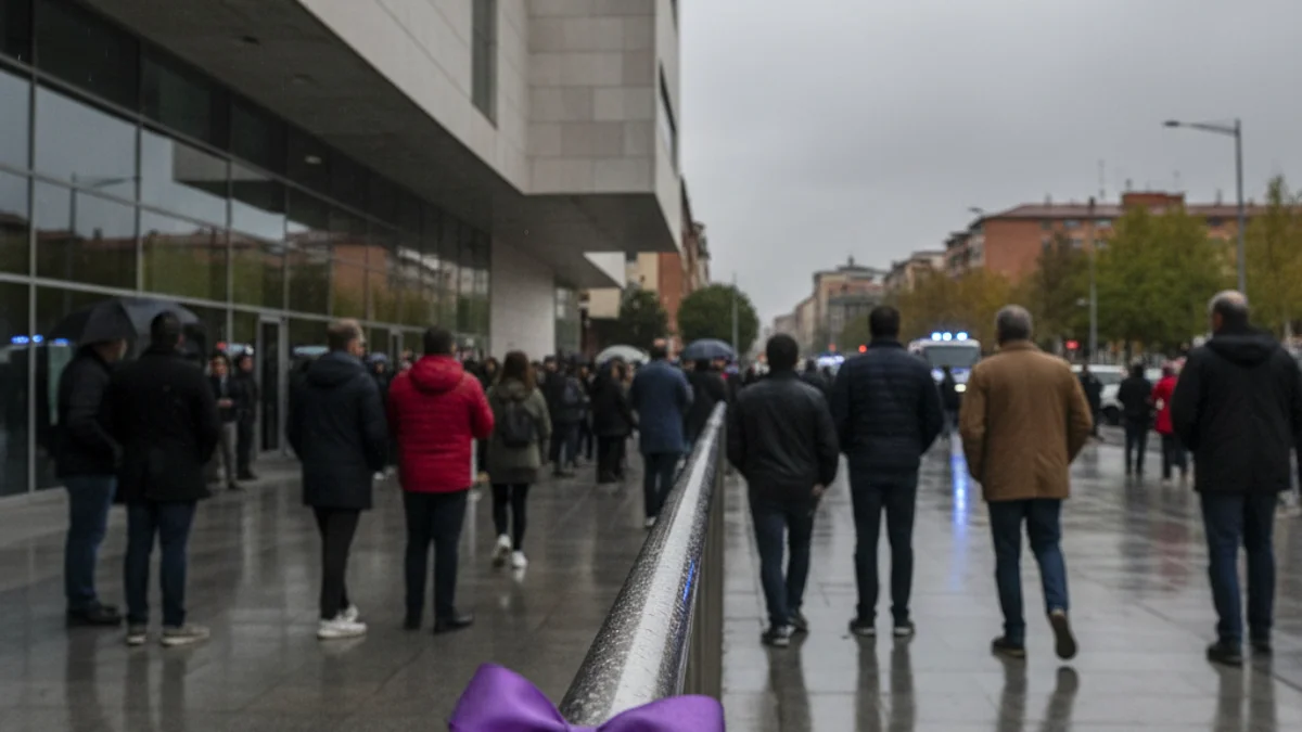 Generic image of a purple ribbon on a railing in front of a court building.