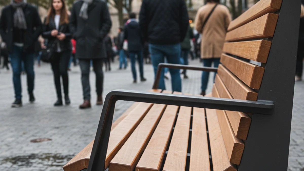 Imatge genèrica d'un banc públic de fusta i metall en una plaça urbana.