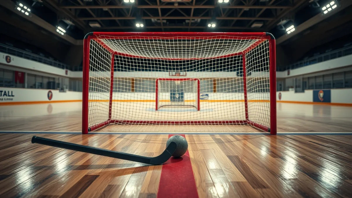 Imatge genèrica d'una porteria i material d'hoquei patins en un pavelló esportiu.