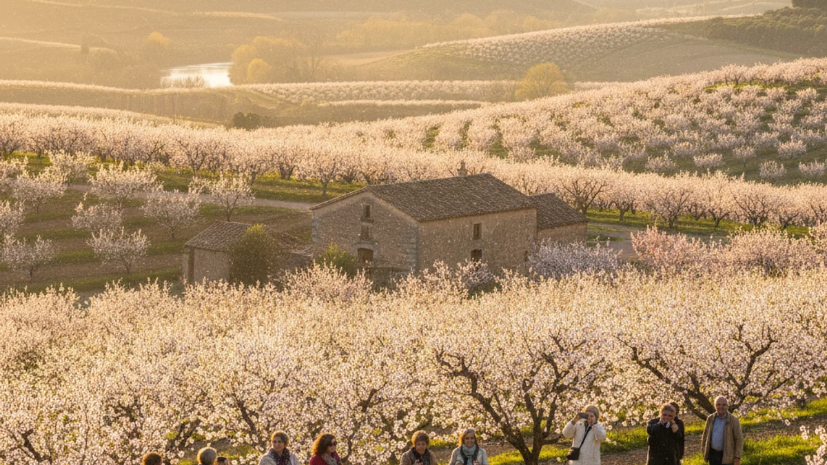 Imagen genérica de un paisaje primaveral con árboles en flor y polen en suspensión.