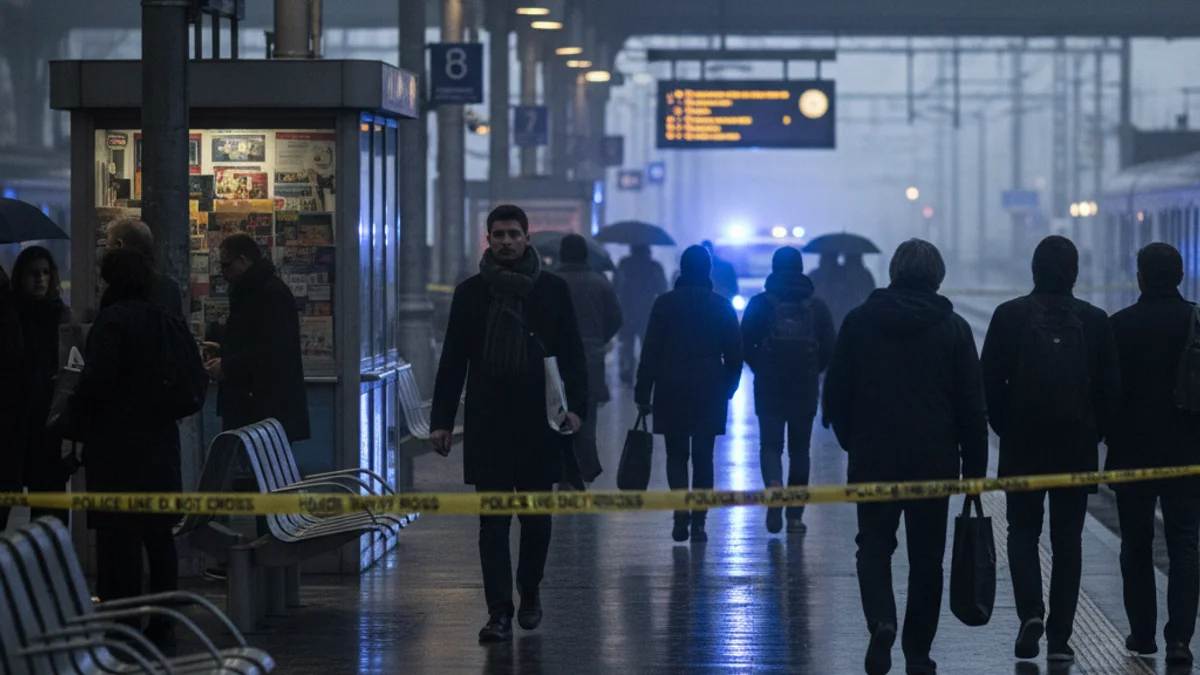 Imatge genèrica de l'andana d'una estació de tren amb llums d'emergència al fons.