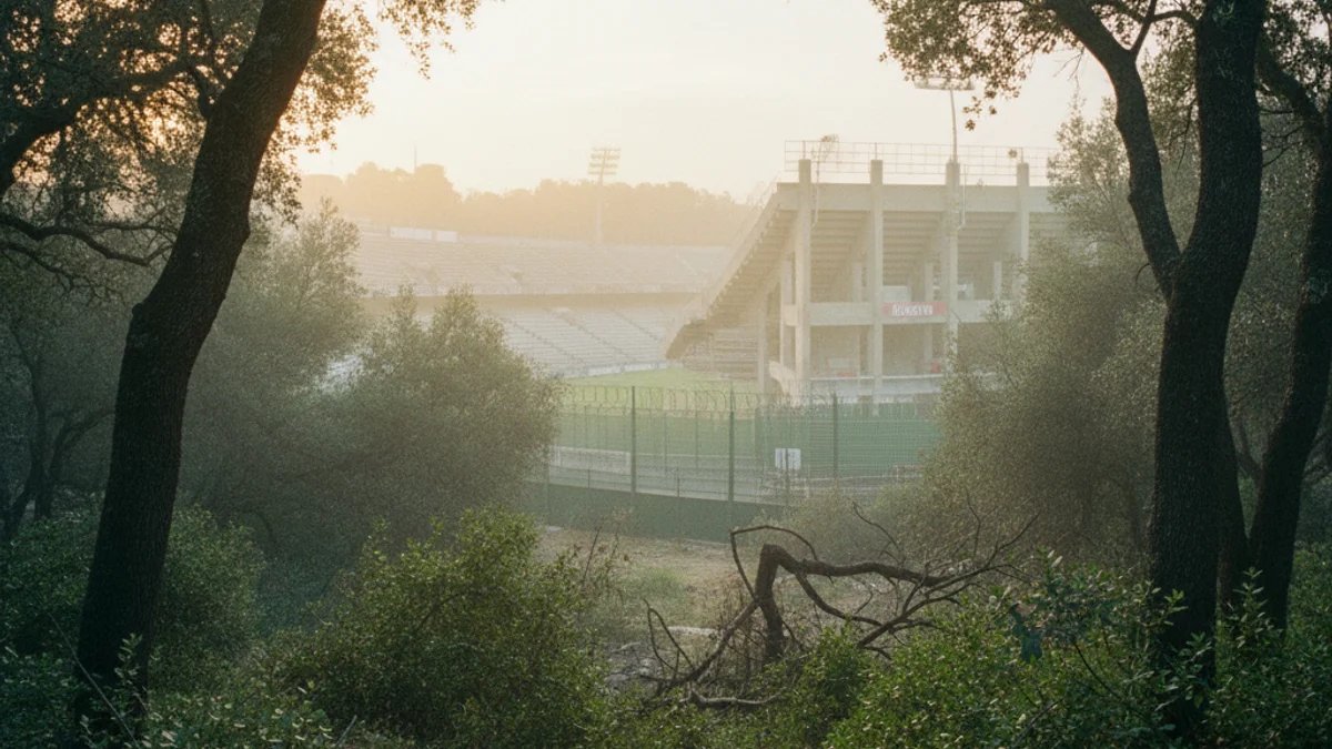 Imagen genérica de una zona boscosa precintada con cinta policial cerca de un núcleo urbano.