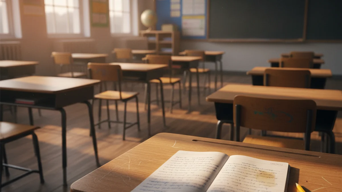 Imatge genèrica d'una aula d'escola buida amb llum de tarda sobre els pupitres.