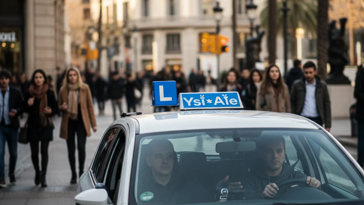 Imatge genèrica d'un cotxe d'autoescola amb el senyal L circulant per la ciutat.