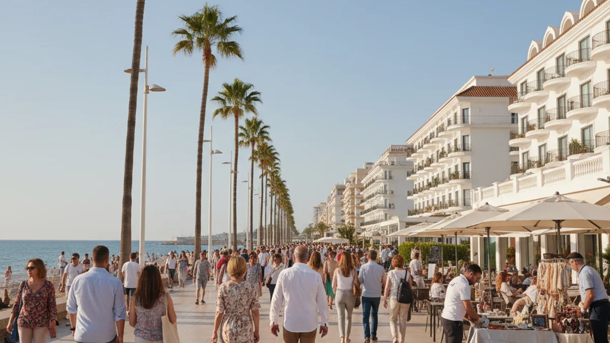 Generic image of a coastal tourist area with hotels and palm trees under the sun.