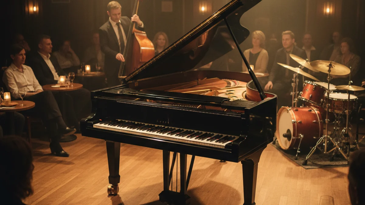 Imatge genèrica d'un piano de cua en un escenari de jazz amb il·luminació càlida.