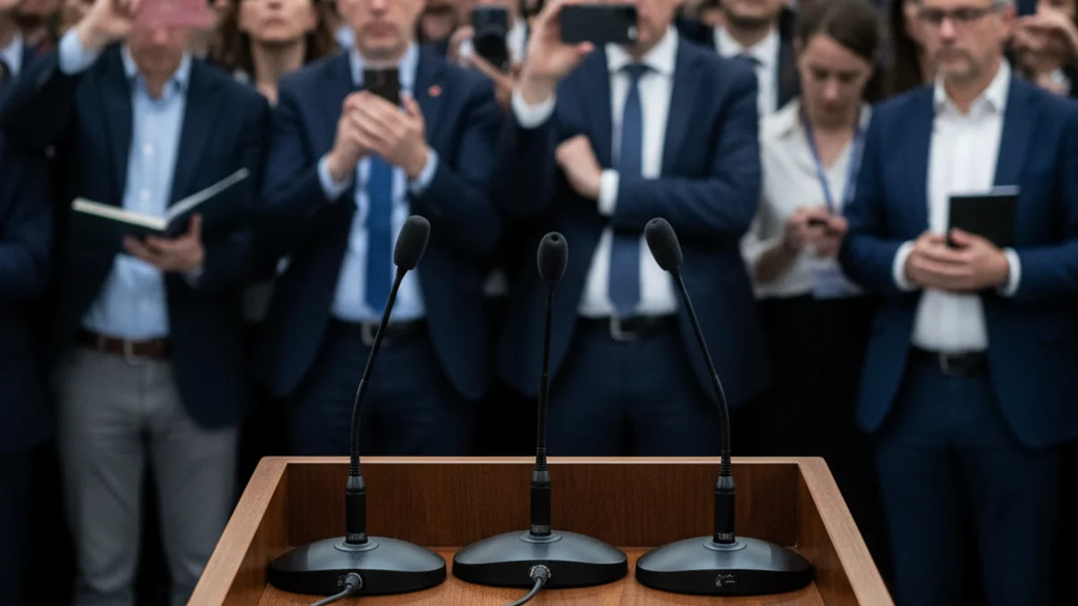 Imagen genérica de unos micrófonos en una sala de prensa durante un anuncio político.