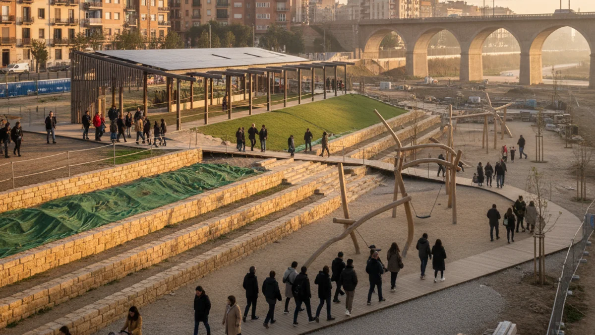 Imatge genèrica d'un projecte d'urbanització amb terrasses, horts urbans i zones de jocs infantils en un entorn de ciutat.