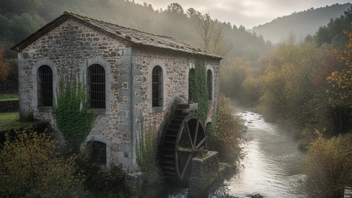Imagen genérica de un antiguo molino papelero de piedra situado junto a un río.