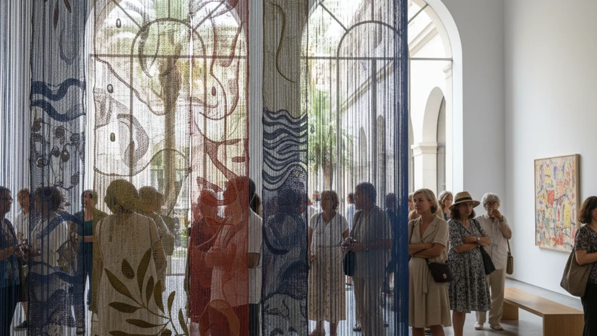 Imatge genèrica d'una instal·lació artística amb fils i teixits en un centre d'art contemporani.
