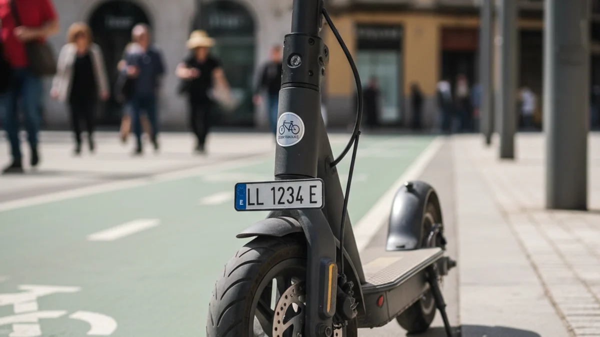 Imatge genèrica d'un patinet elèctric amb matrícula circulant per un carril bici urbà.