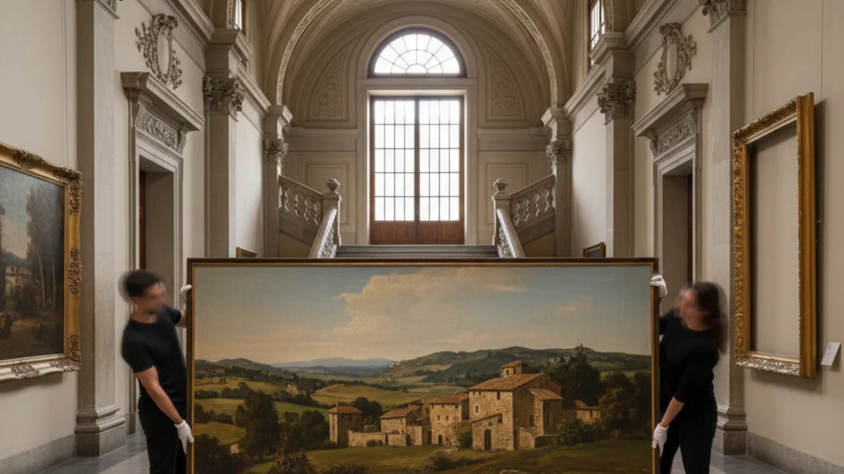 Imagen genérica de una obra de arte siendo preparada para una exposición en un museo.