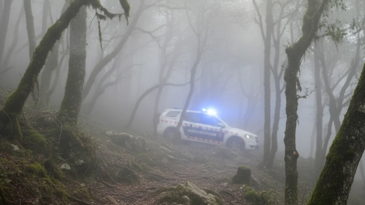 Imatge genèrica d'una zona boscosa amb llums d'emergència al fons durant una operació de rescat.